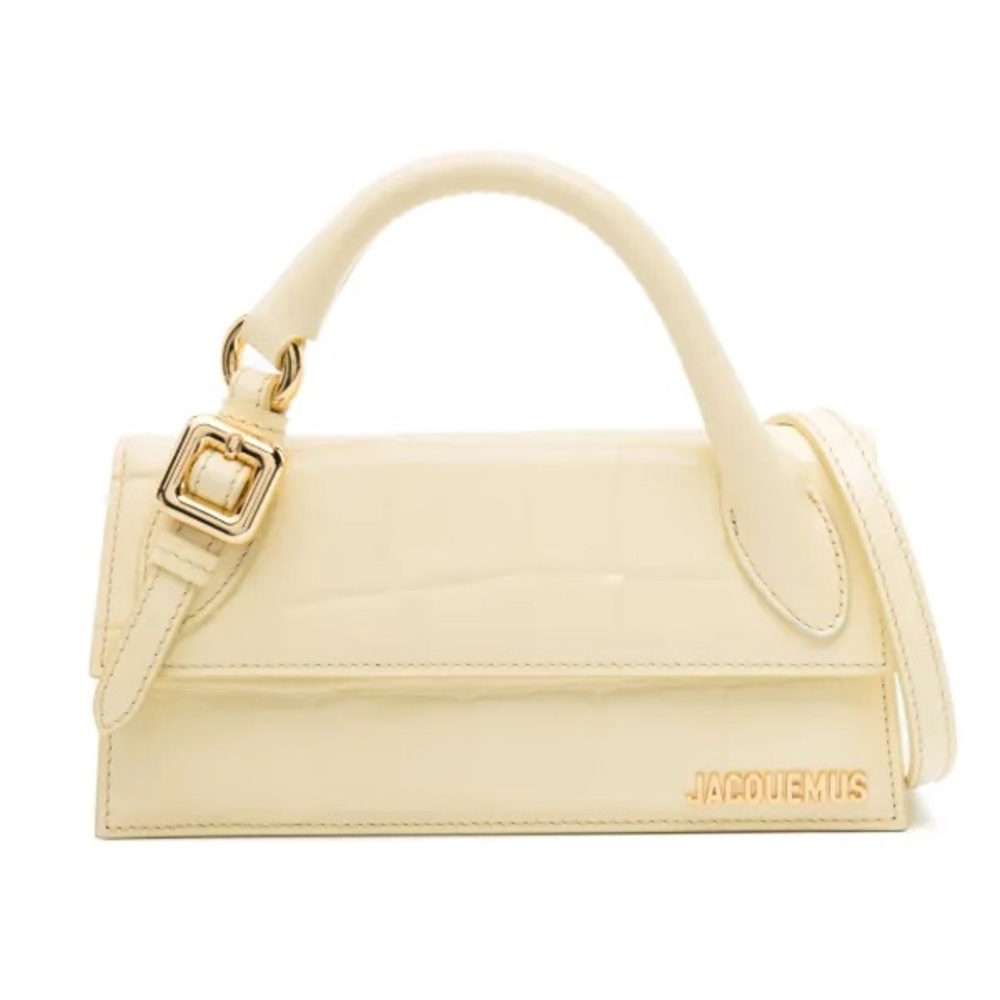 JACQUEMUS LE CHIQUITO LONG BOUCLE TOTE CROSSBODY HANDBAG IN YELLOW CROC EFFECT